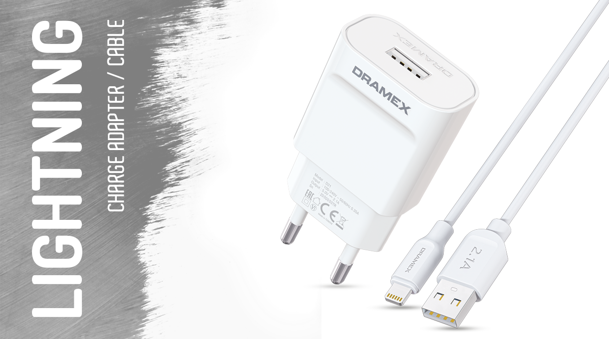 Dramex D21L Lightning 2.1A Charge Adapter & Charge Data Cable Set