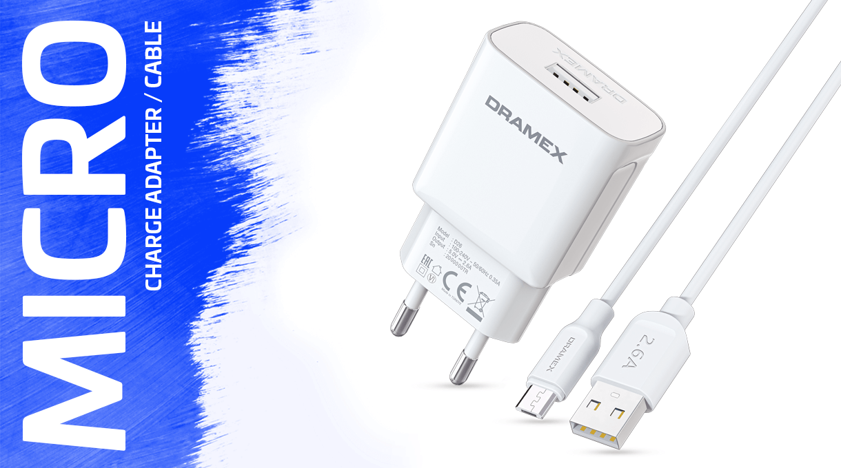 Dramex D26M Micro USB Charge Adapter & Charge Data Cable Set 2.6A