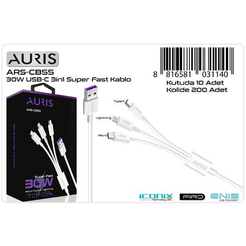 Auris CB55 30W 3in1 Çoklu Şarj Kablosu (Lightning + Type-C + Micro) 