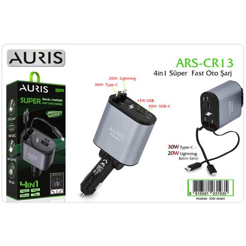 Auris CR13 4x1 Makaralı Oto Şarj Aleti 95W Lightning + Type-C
