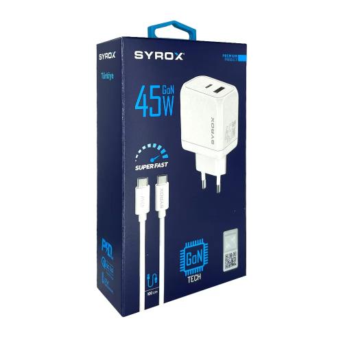 Syrox GAN45T Type-C & USB Giriş Başlık ve Type-C Kablo 45w Quick Şarj Cihazı Seti