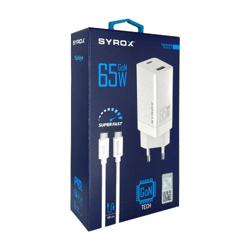 Syrox GAN65T Type-C & USB Giriş Başlık ve Type-C Kablo 65w Quick Şarj Cihazı Seti